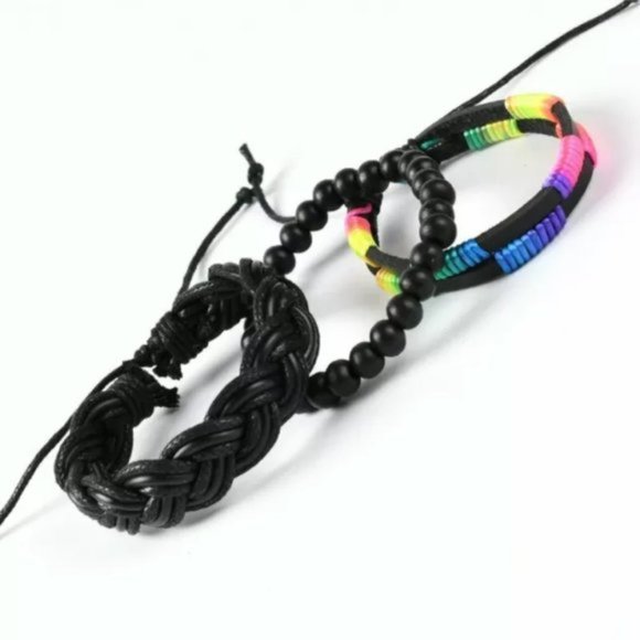 Rainbow & Black Braided Genuine Leather Bead Bracelet Set - Picture 1 of 2